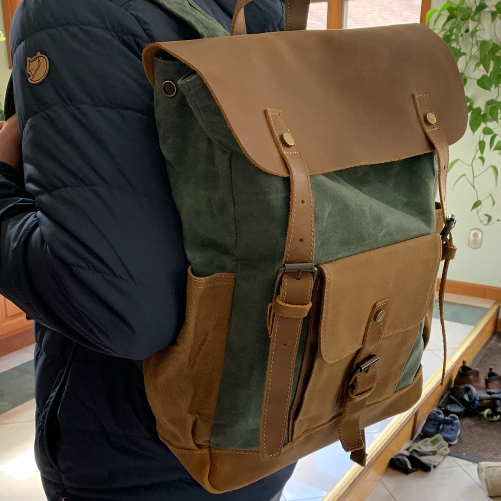 Leather top waxed canvas backpack
